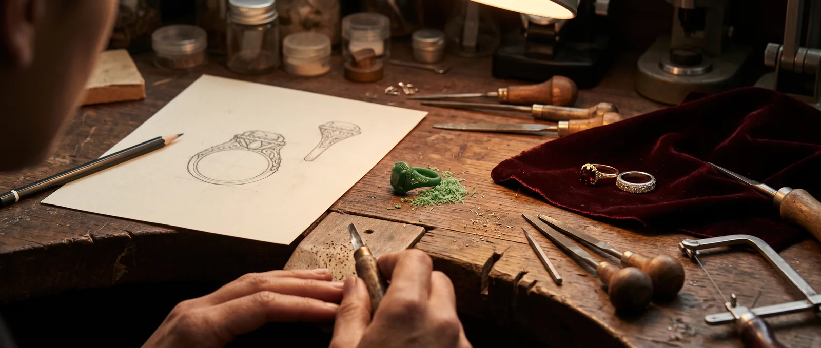 A pencil sketch of a ring beside a carved wax model on a jeweller’s bench