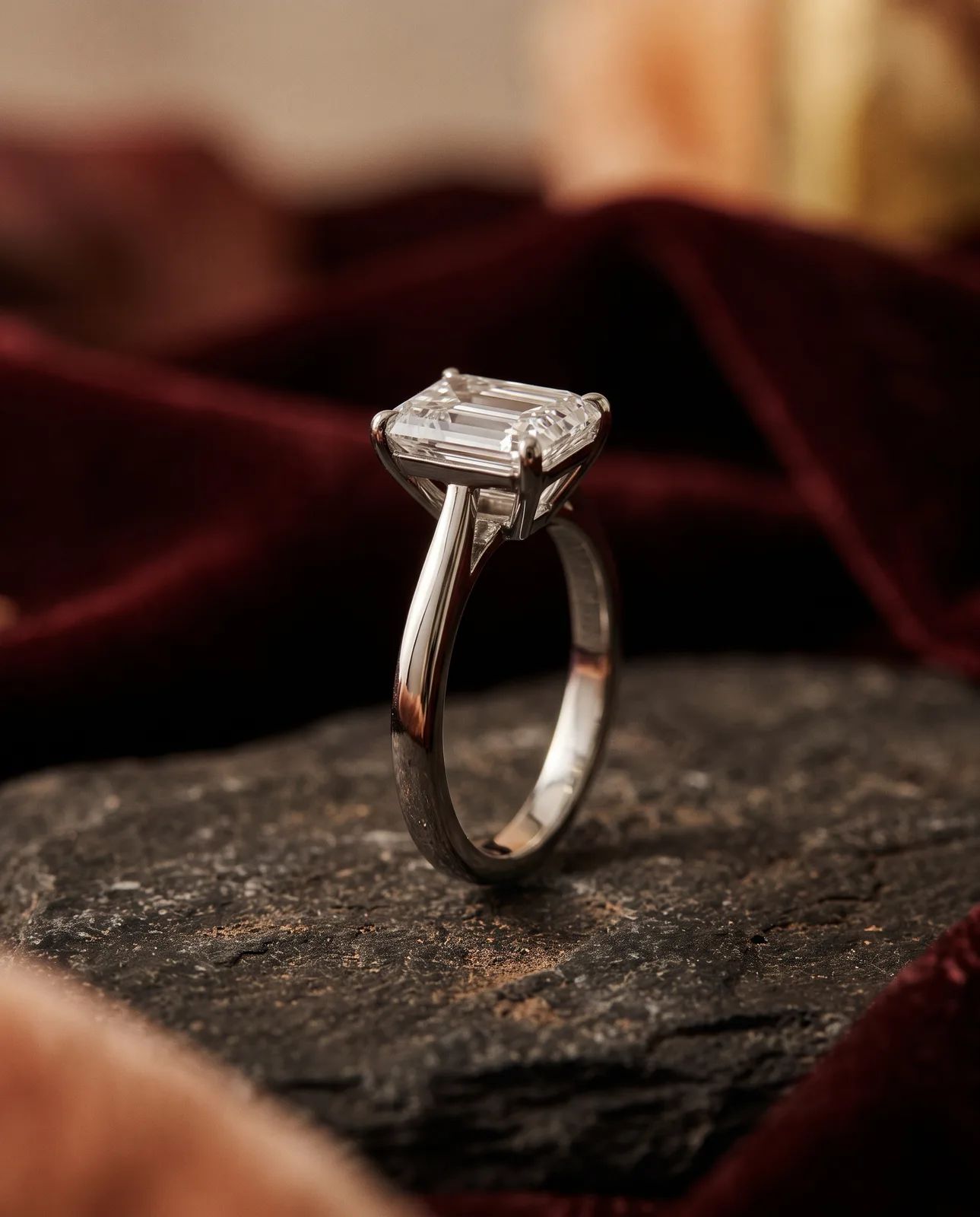 Emerald-cut diamond ring in platinum