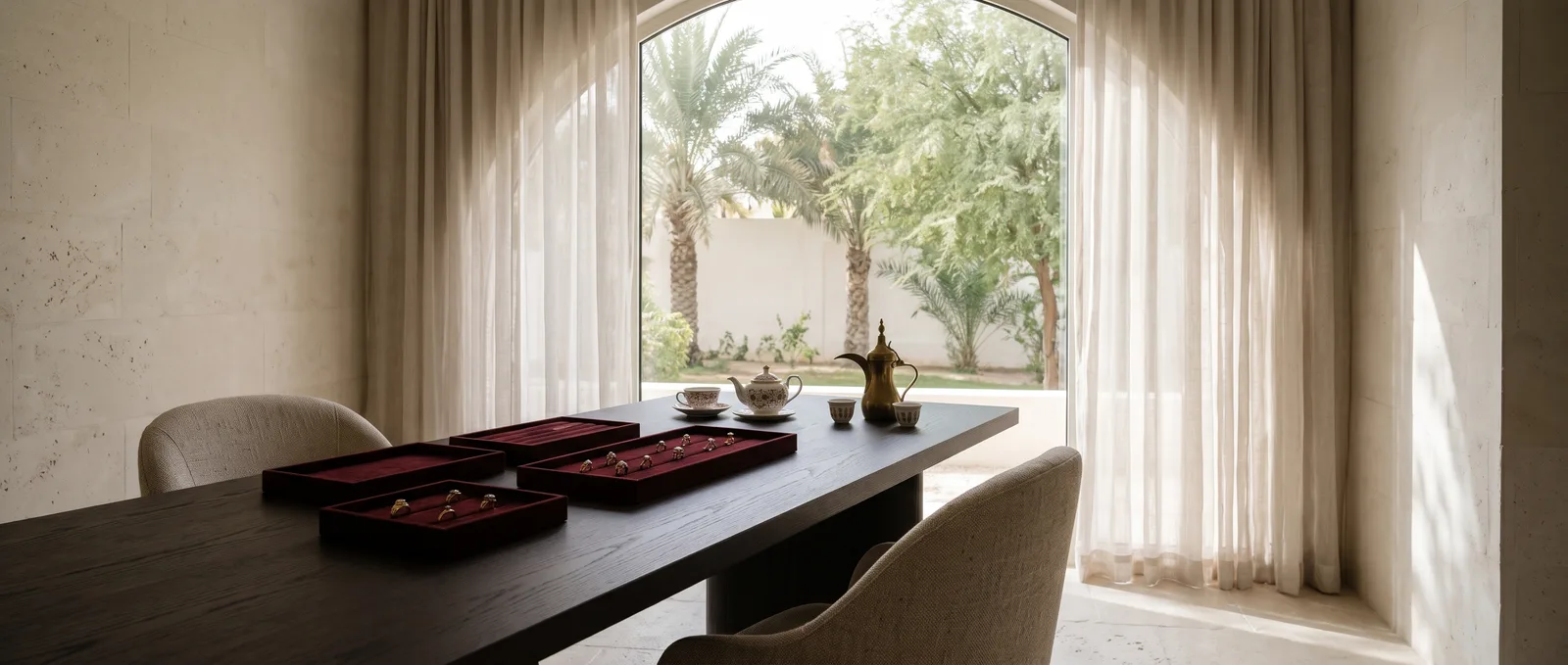 The Aurelle salon: a table with velvet trays, tea and Arabic coffee by a tall arched window onto a garden of palms