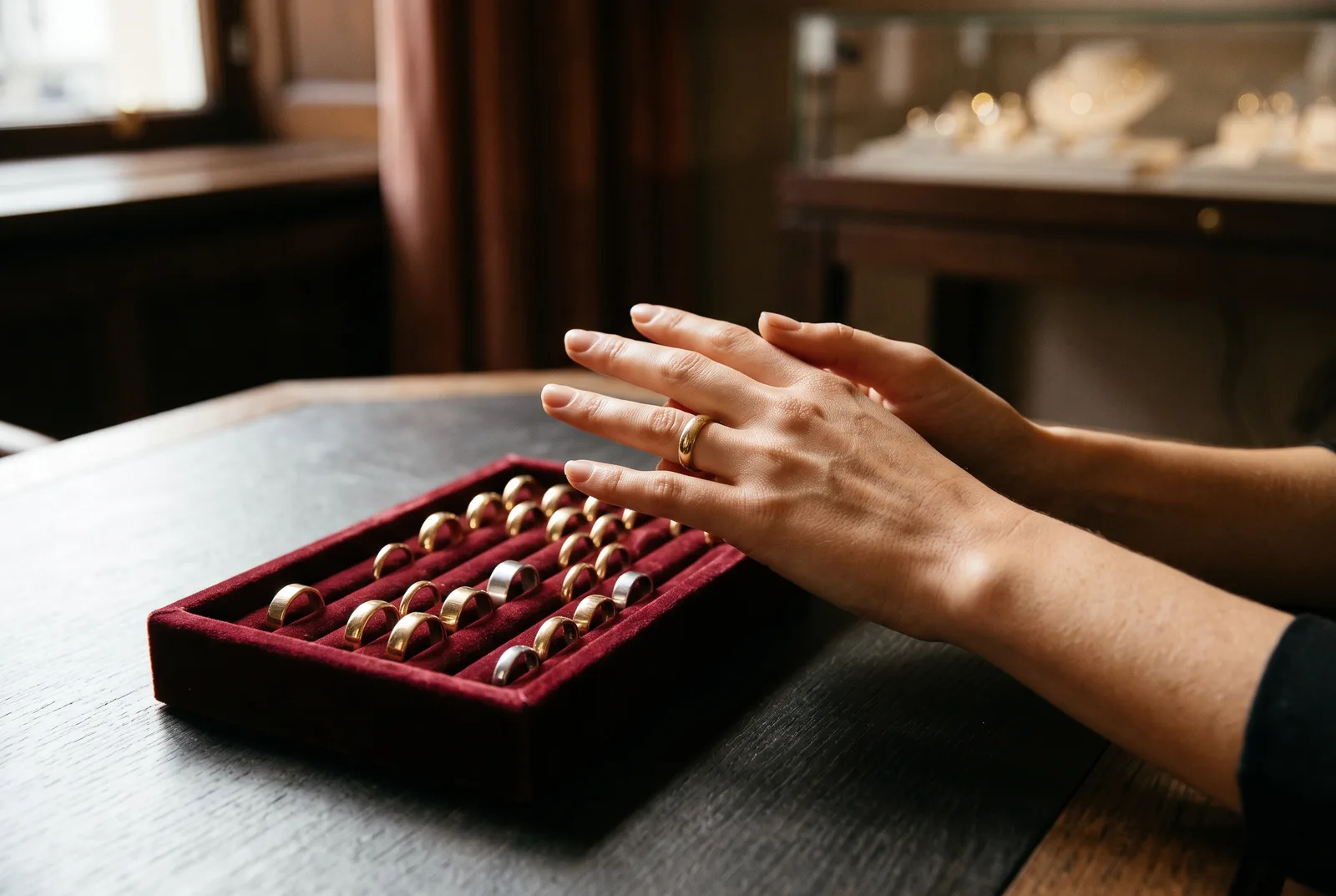 A hand trying on a plain gold sizing ring from a small tray of rings