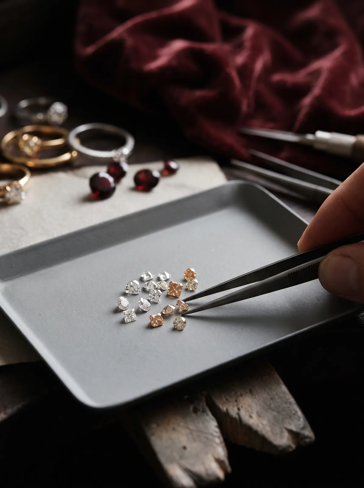 Loose champagne and white diamonds on a grey sorting tray