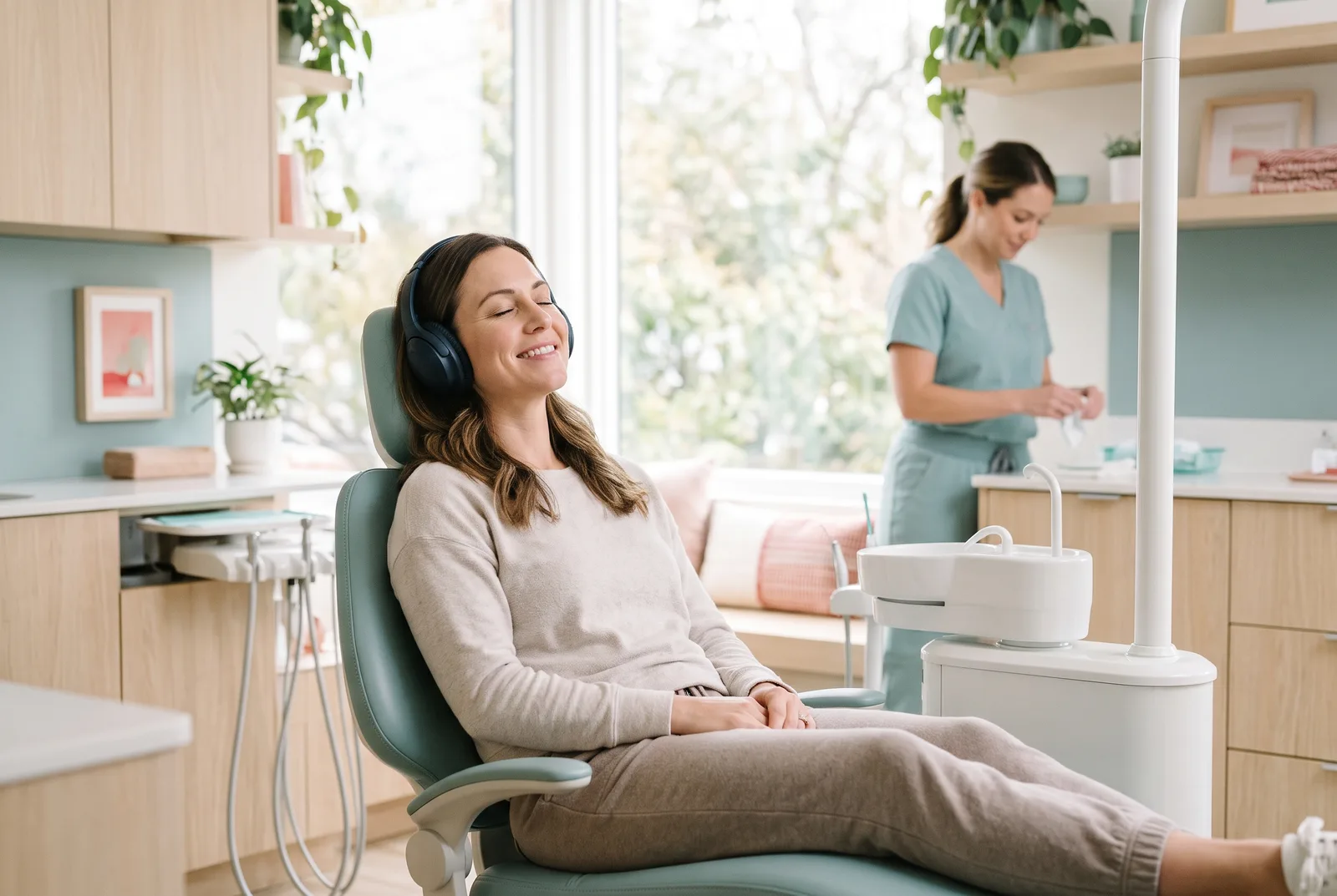 Relaxed patient wearing headphones in a dental chair