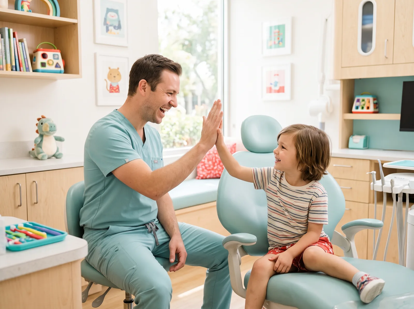 Young child giving a dentist a high five in the dental chair