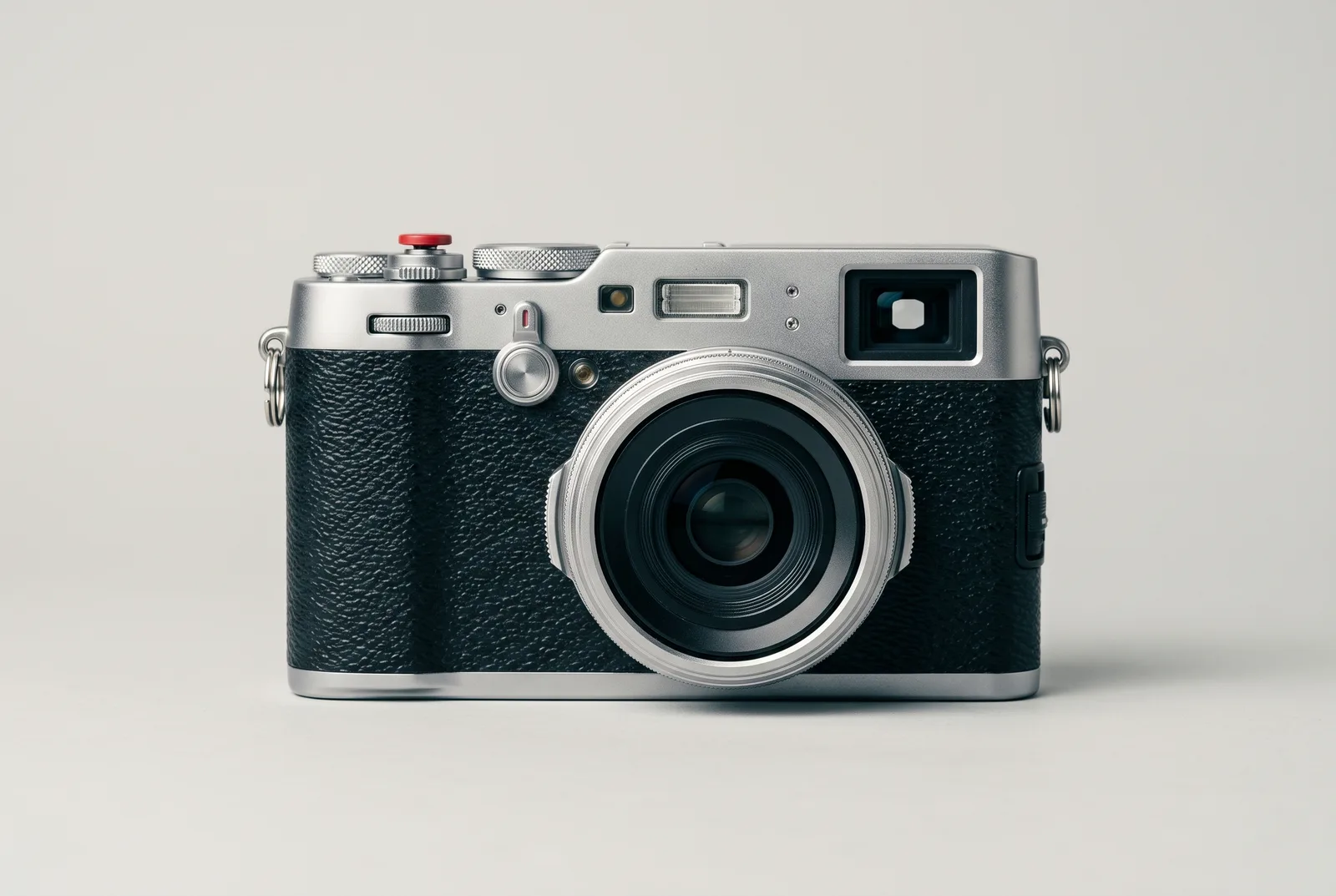 Field One, a compact silver and black camera, seen from the front on a pale grey background