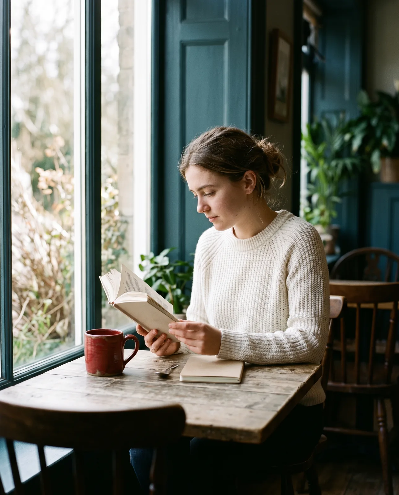 A woman reading by a café window in soft light