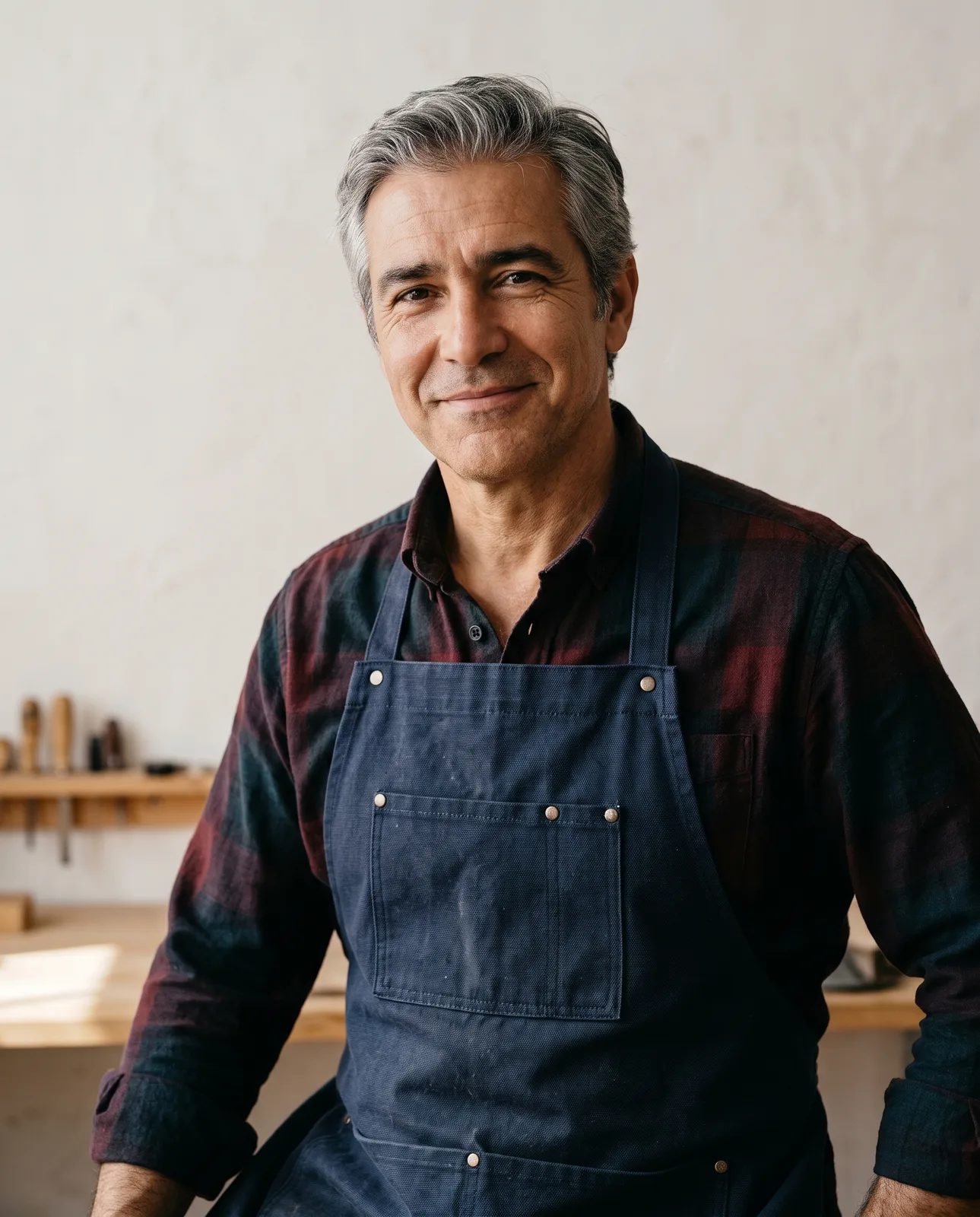 Portrait of Yousef Haddad, a man in his fifties in a navy work apron