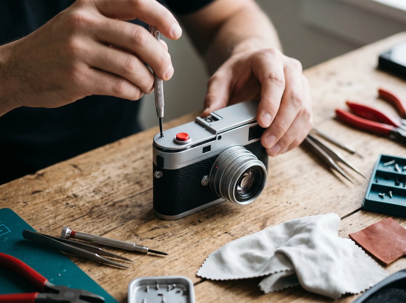 Hands fitting a silver top plate onto a camera body with a small screwdriver