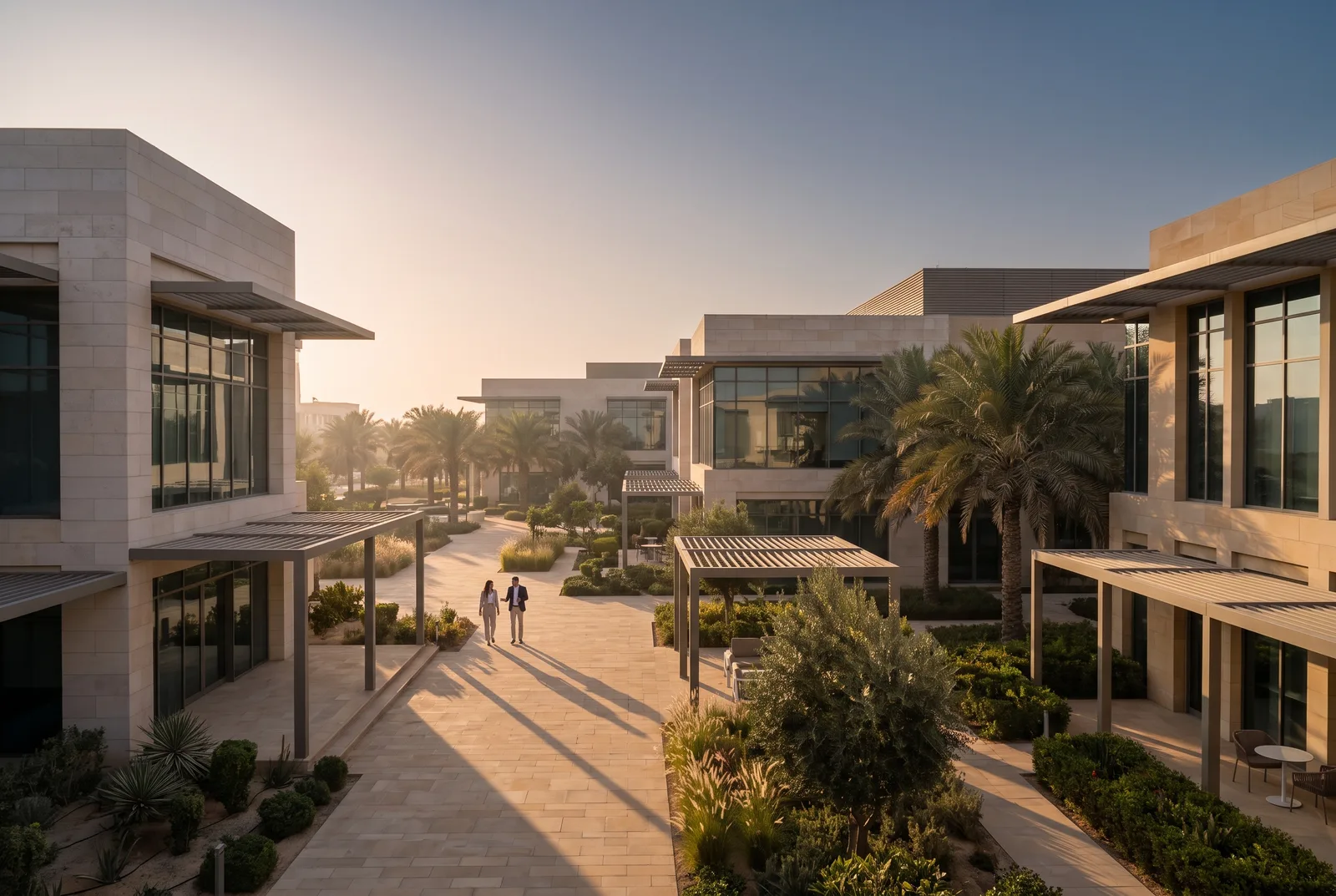 مبانٍ مكتبية منخفضة بممرات مظللة وأشجار نخيل