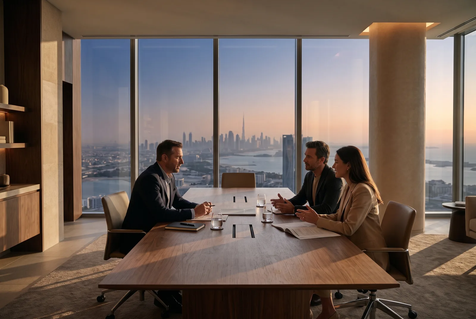 A lawyer talking a case through with two clients at a meeting table