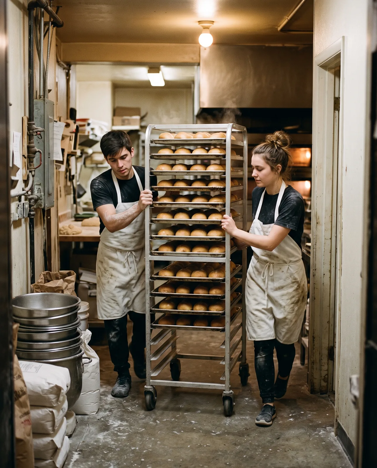 Two bakers wheeling a rack of cooling bread through a narrow bakery