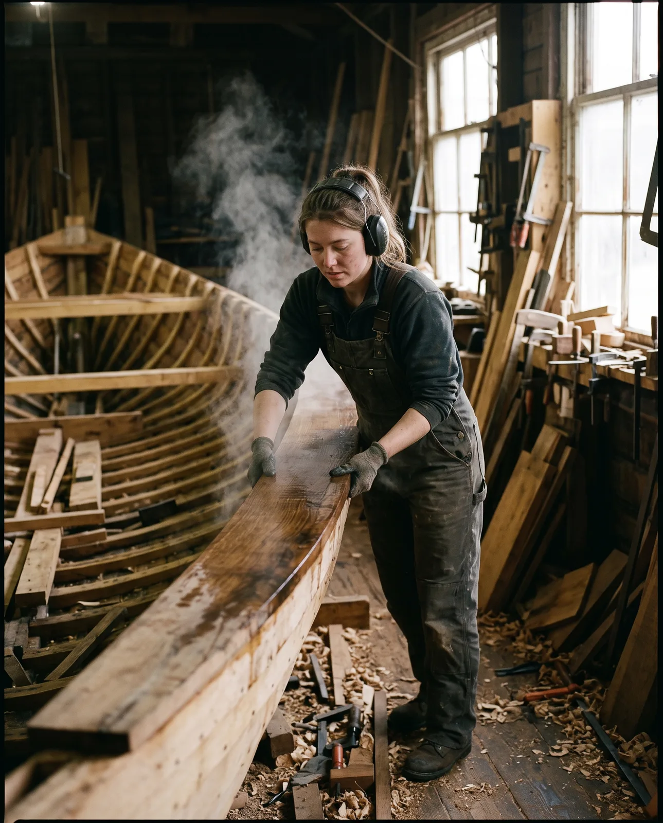 Young woman apprentice bending a steamed plank against a wooden frame