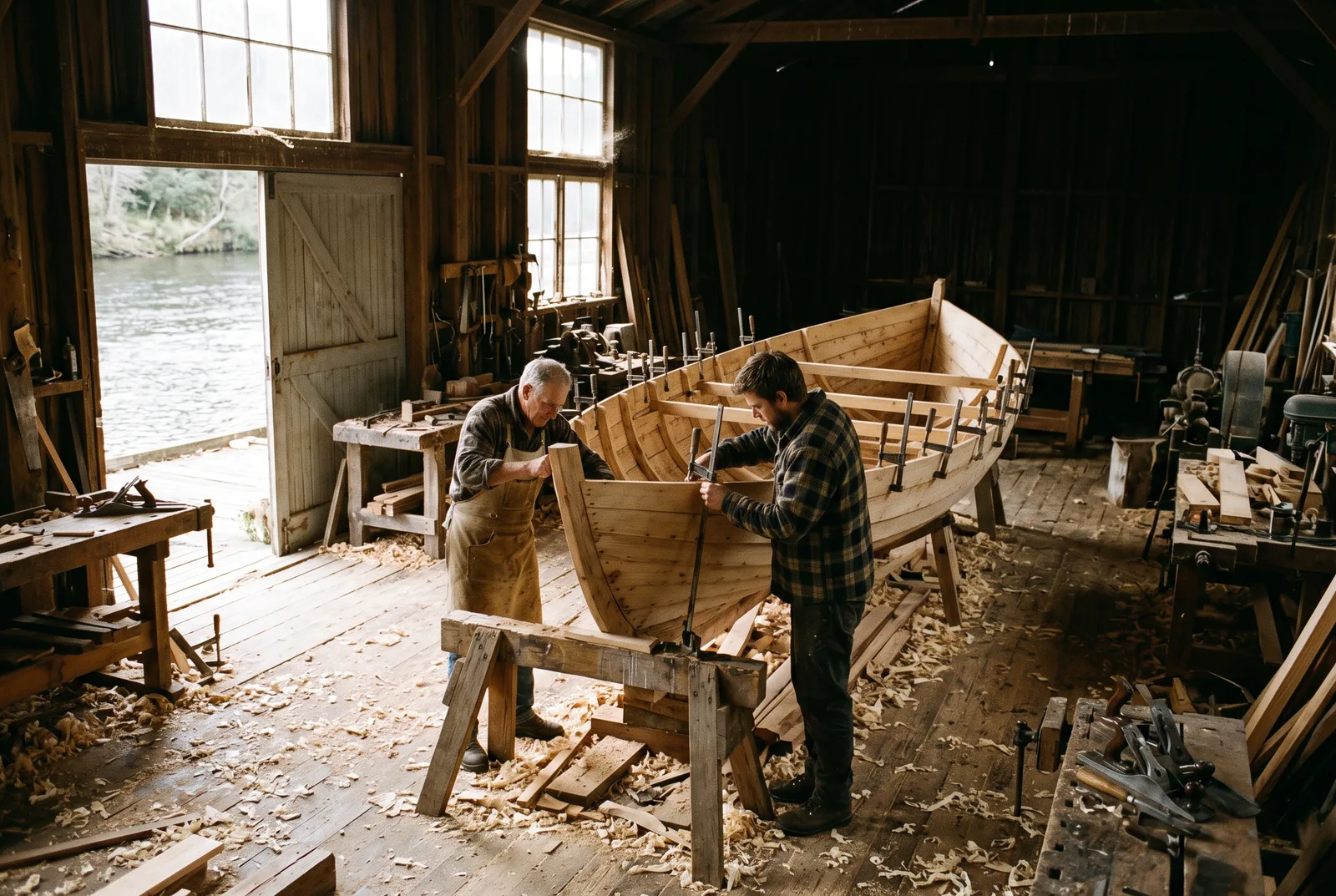 Two boat builders working on a wooden hull on trestles in a large shed
