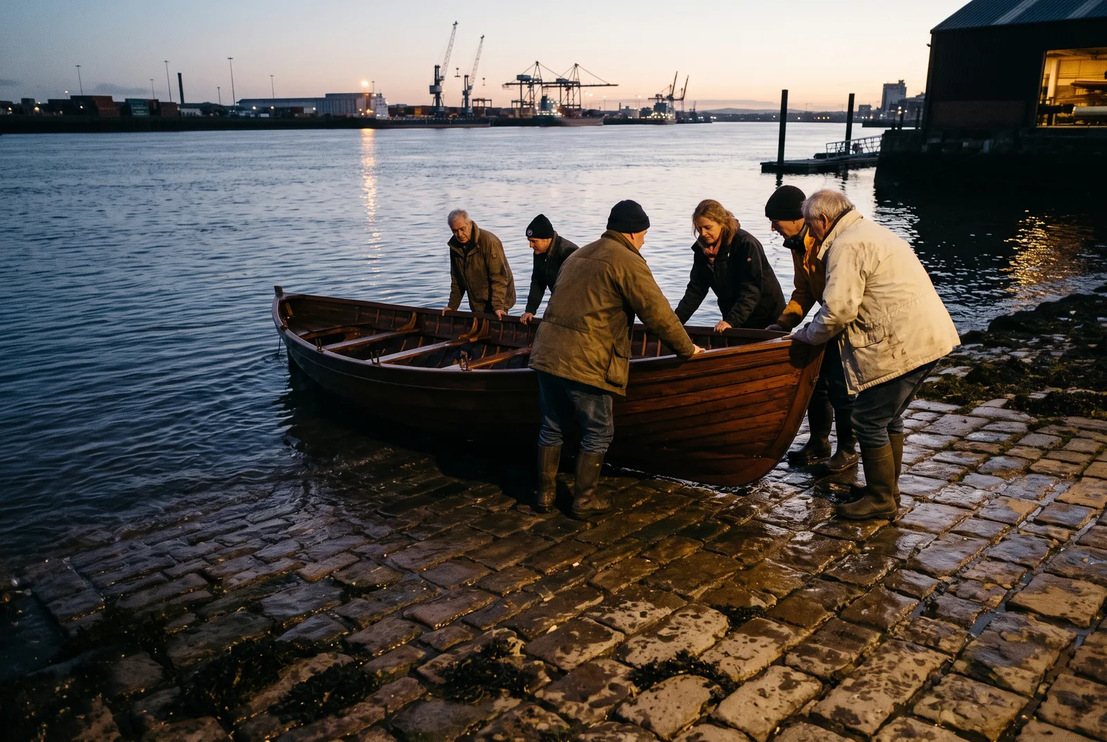 Families and apprentices pushing a restored wooden boat down the slipway into the Creek at dusk, cranes on the far bank