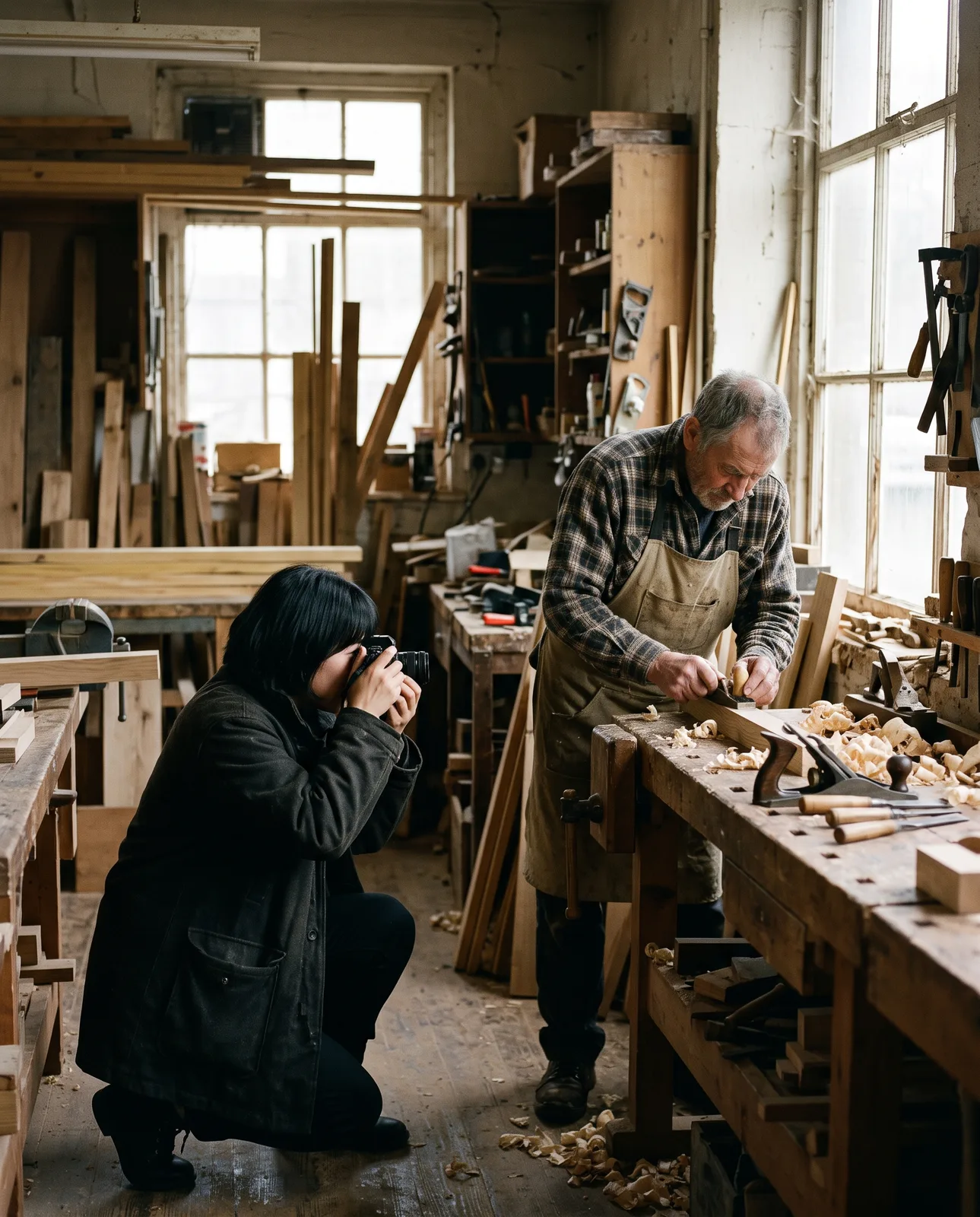 Juno Park photographing a carpenter in his workshop