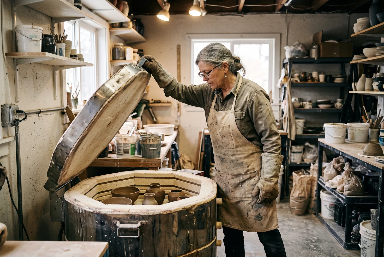 Potter in heat gloves opening a kiln to check the fired pots