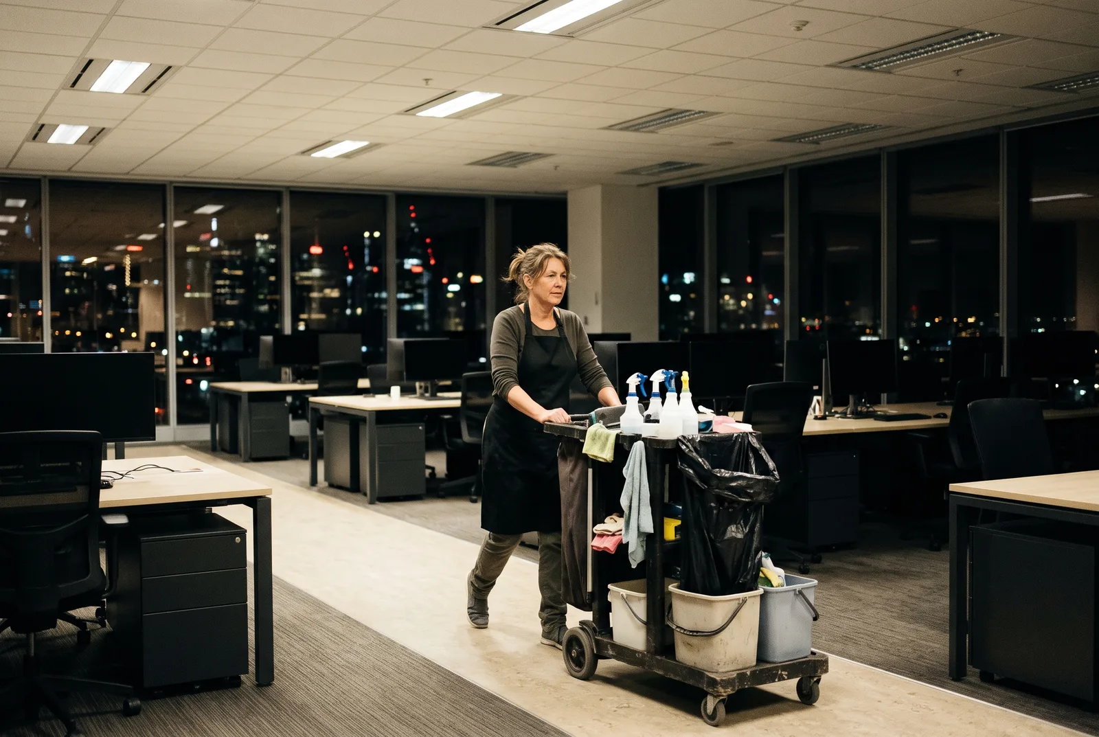 Cleaner pushing a cart through an empty office at night with city lights outside
