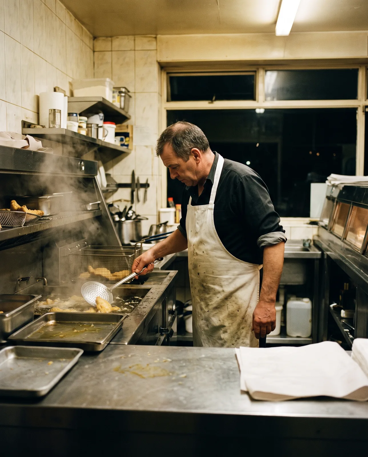 Cook frying fish in a small cafeteria kitchen at night, steam in warm light