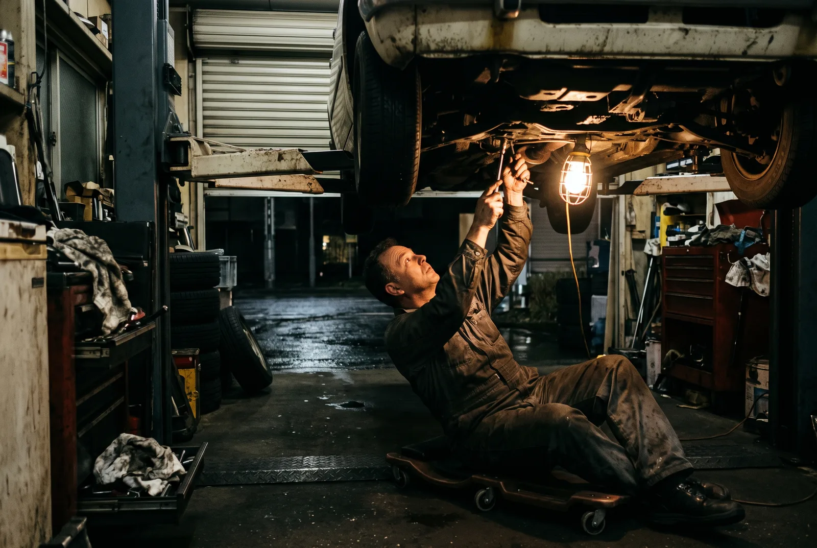 Mechanic working under a car lit by a single work lamp in a garage at night