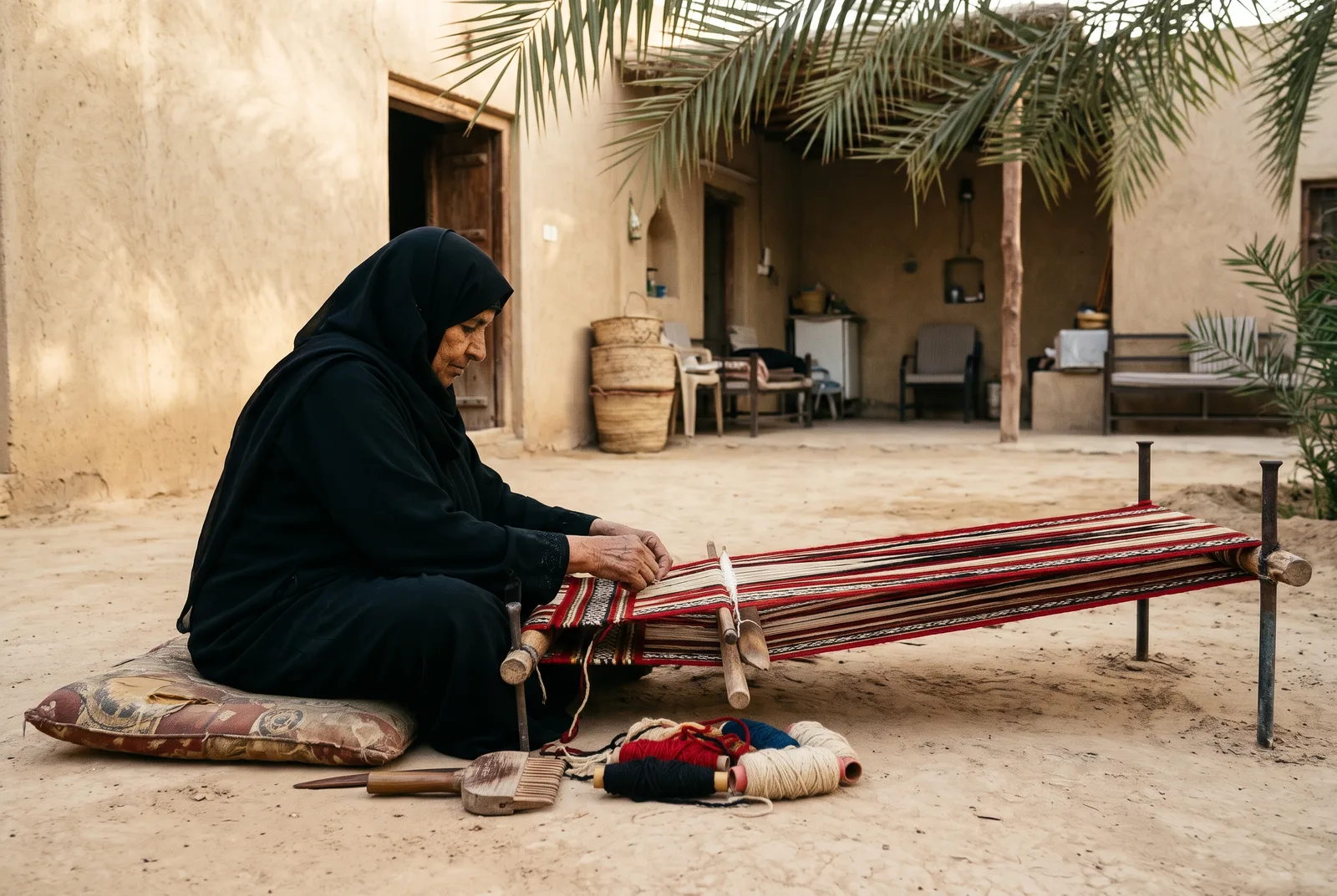 نسّاجة أمام نول السدو الأرضي