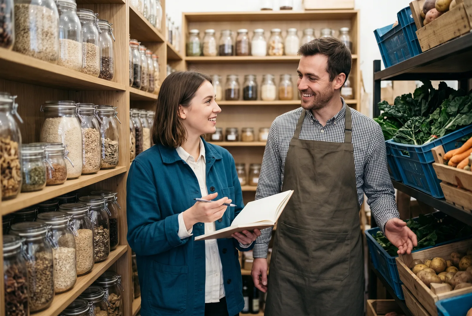 Designer taking notes while talking with a store worker by the shelves