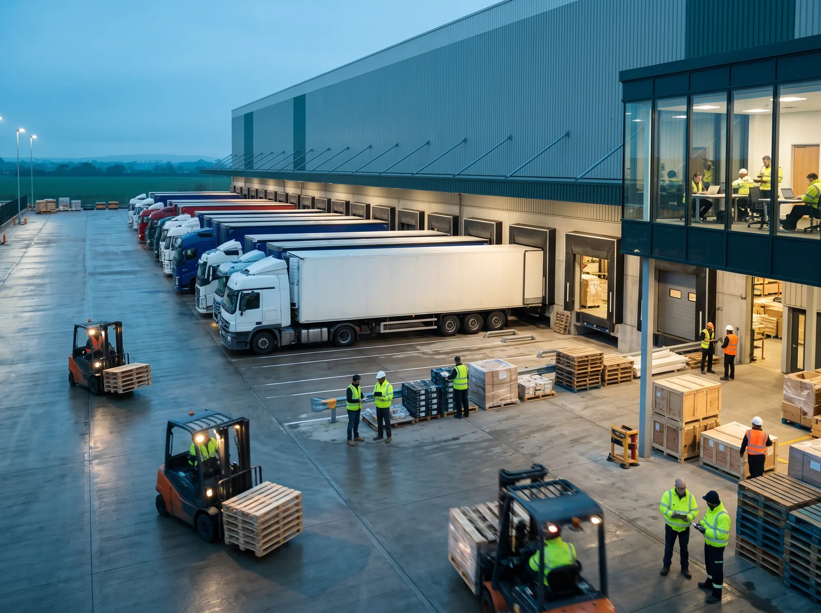 Lorries lined up at the loading bays of a freight depot at dawn