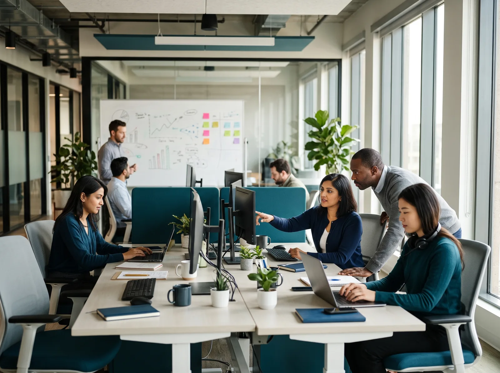 Bank operations team at work in an open-plan office