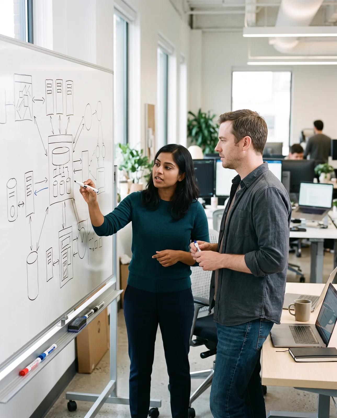 Engineers reviewing a system diagram at a whiteboard