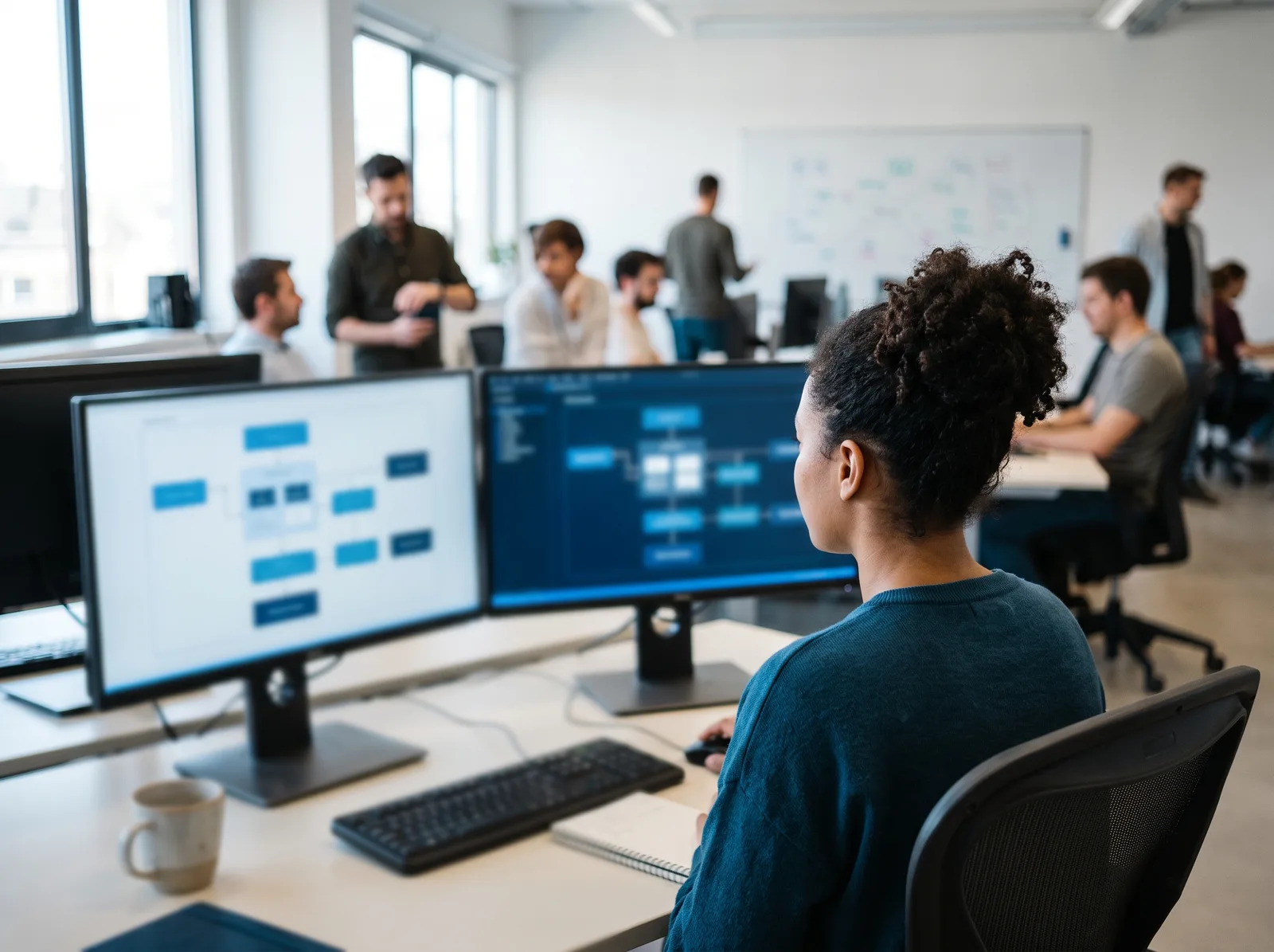 Engineer reviewing architecture diagrams on two monitors