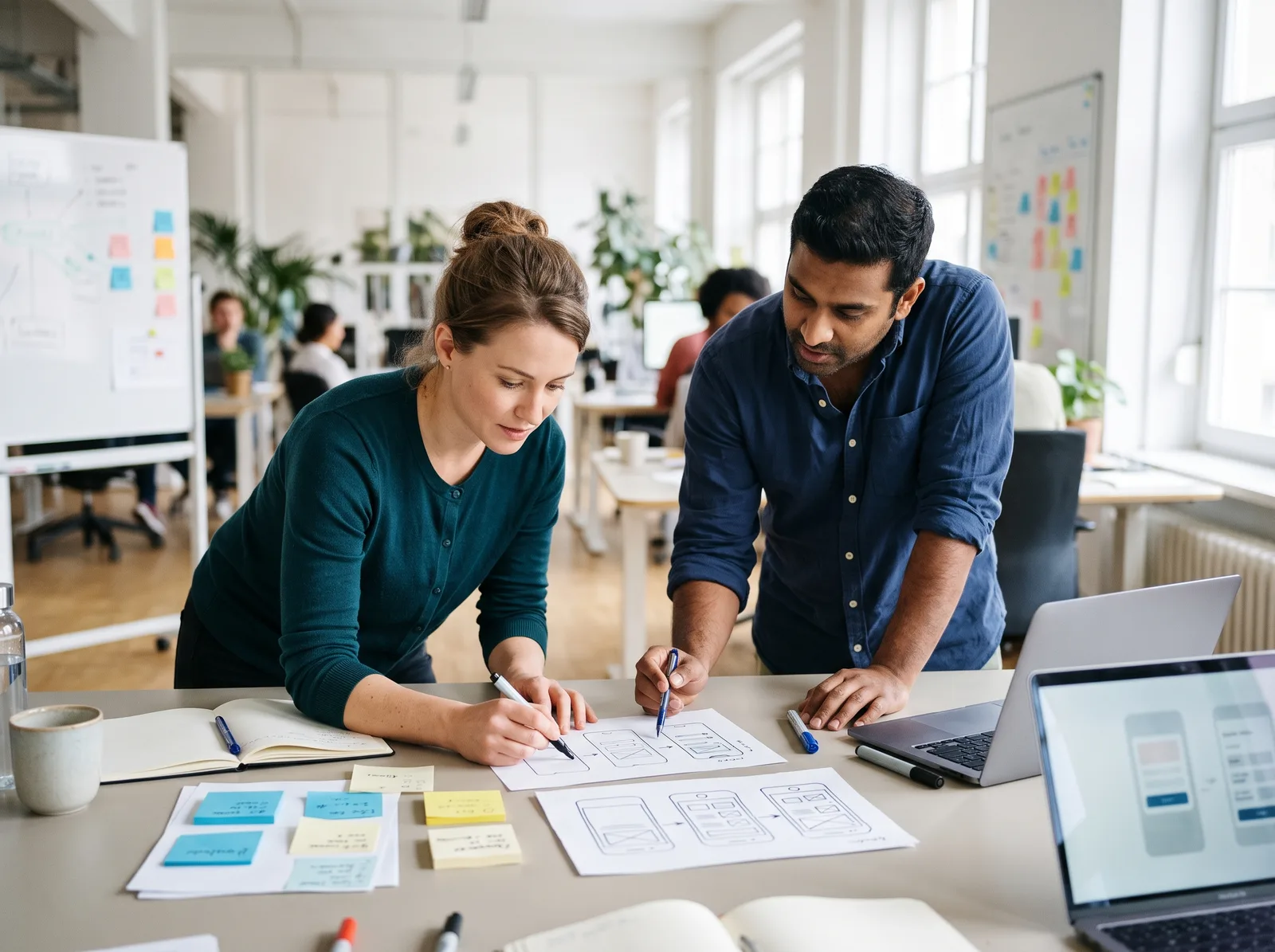 Designer and engineer sketching app screens at a table