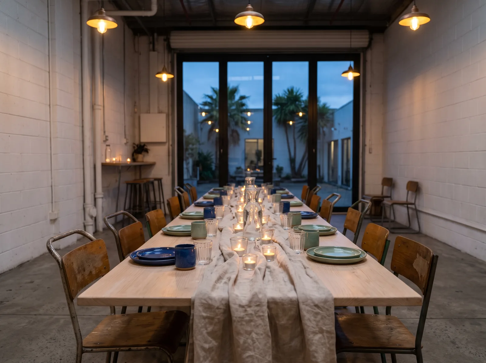 The café laid out with one long table, candles and handmade cups for an evening party