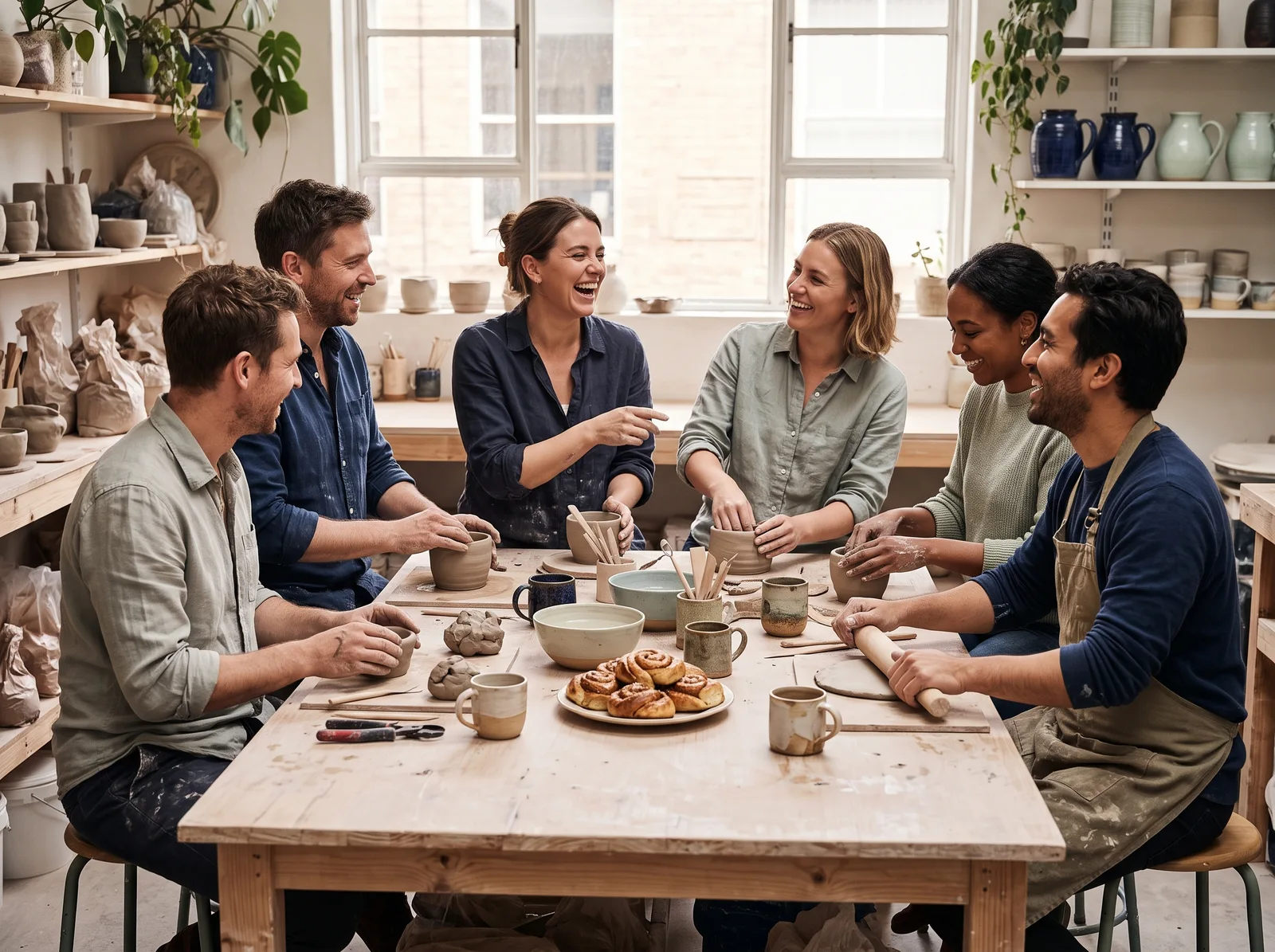 A group of friends hand-building pots around a big table