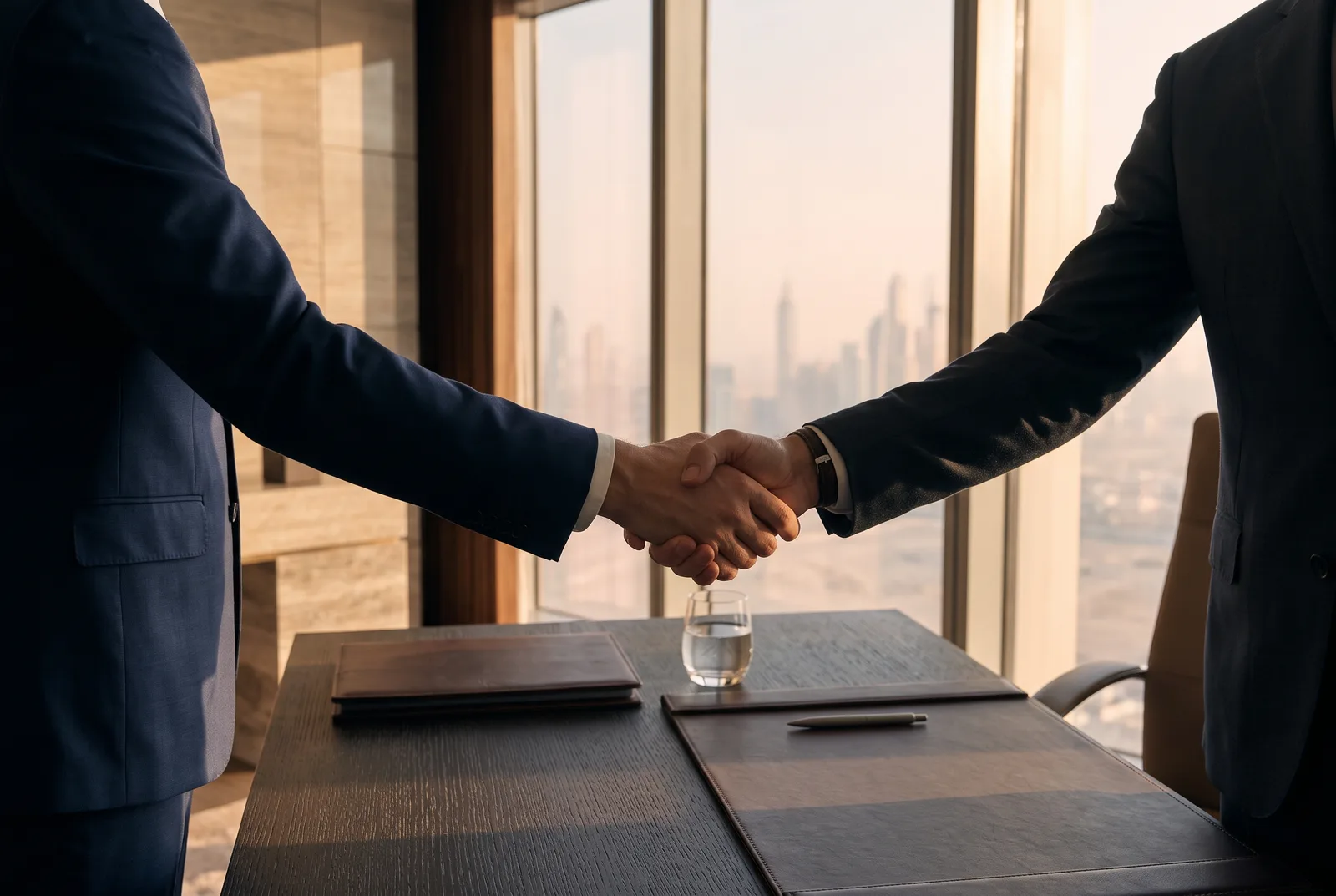 Two people shaking hands across a desk in a quiet meeting room