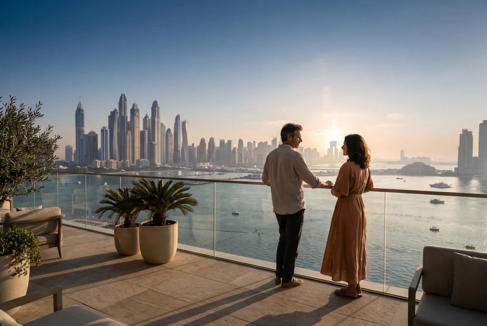 A couple on a terrace at sunset looking out over the waterfront