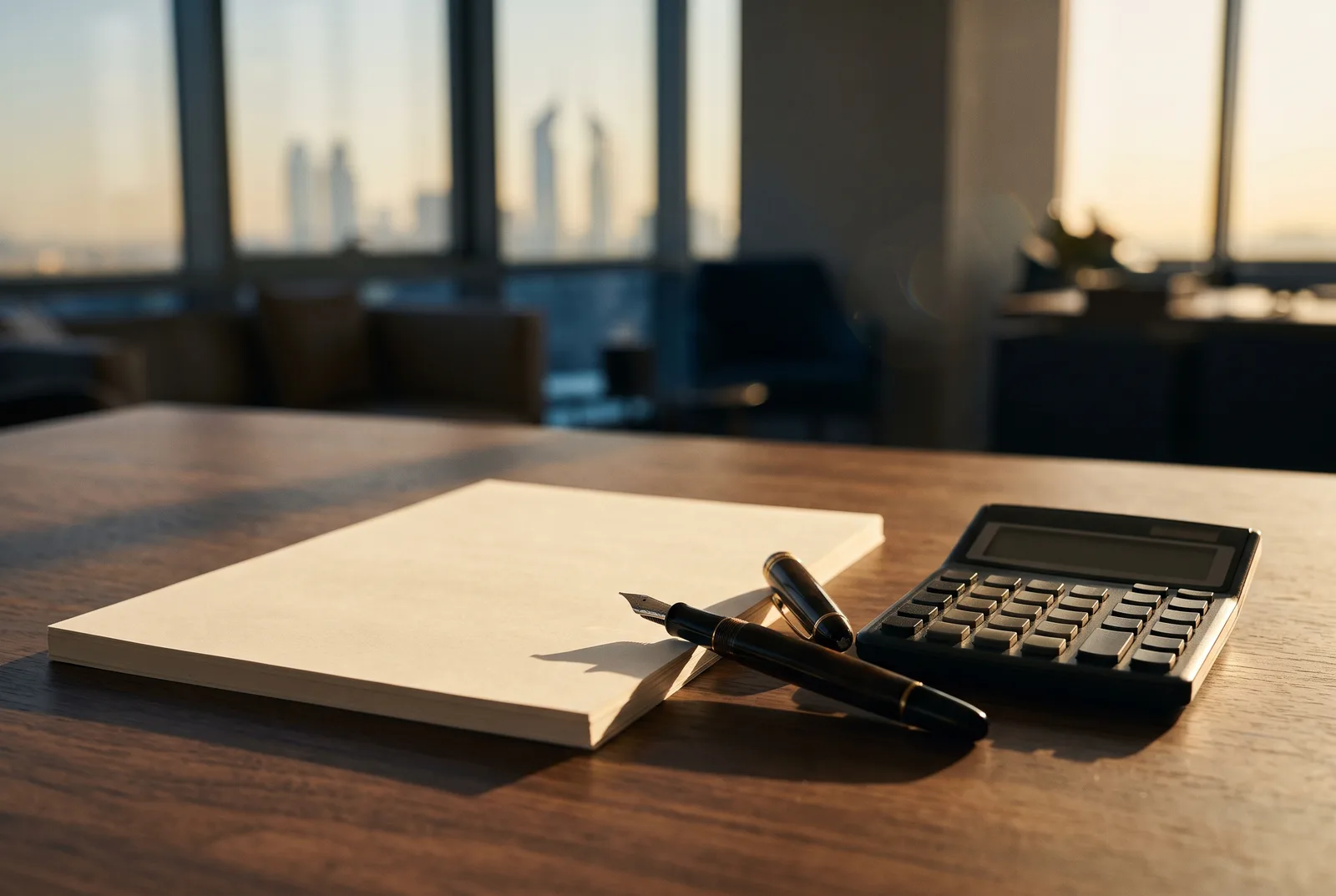 A calculator, a fountain pen and blank papers on a walnut desk