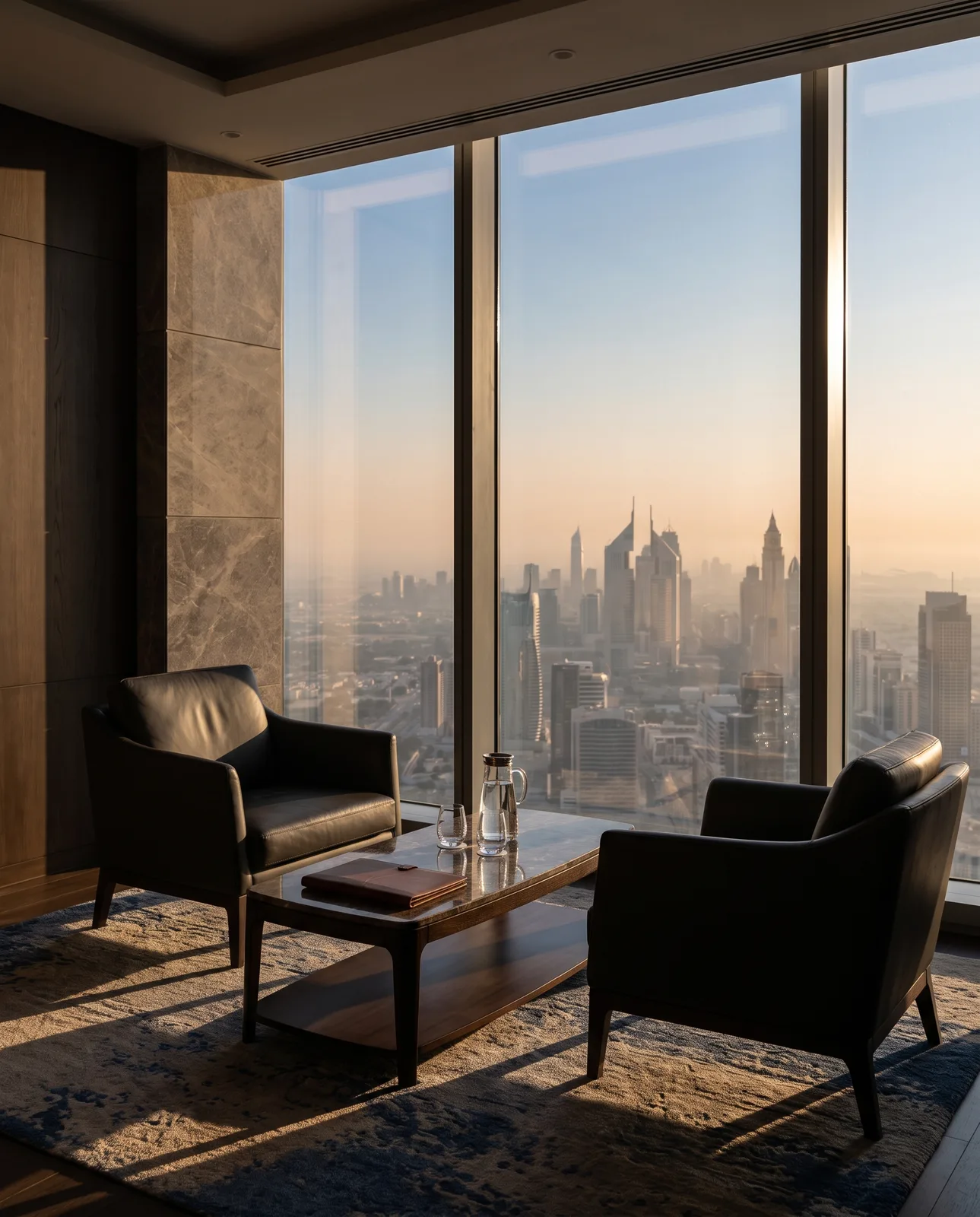A quiet meeting room with leather chairs and late afternoon light