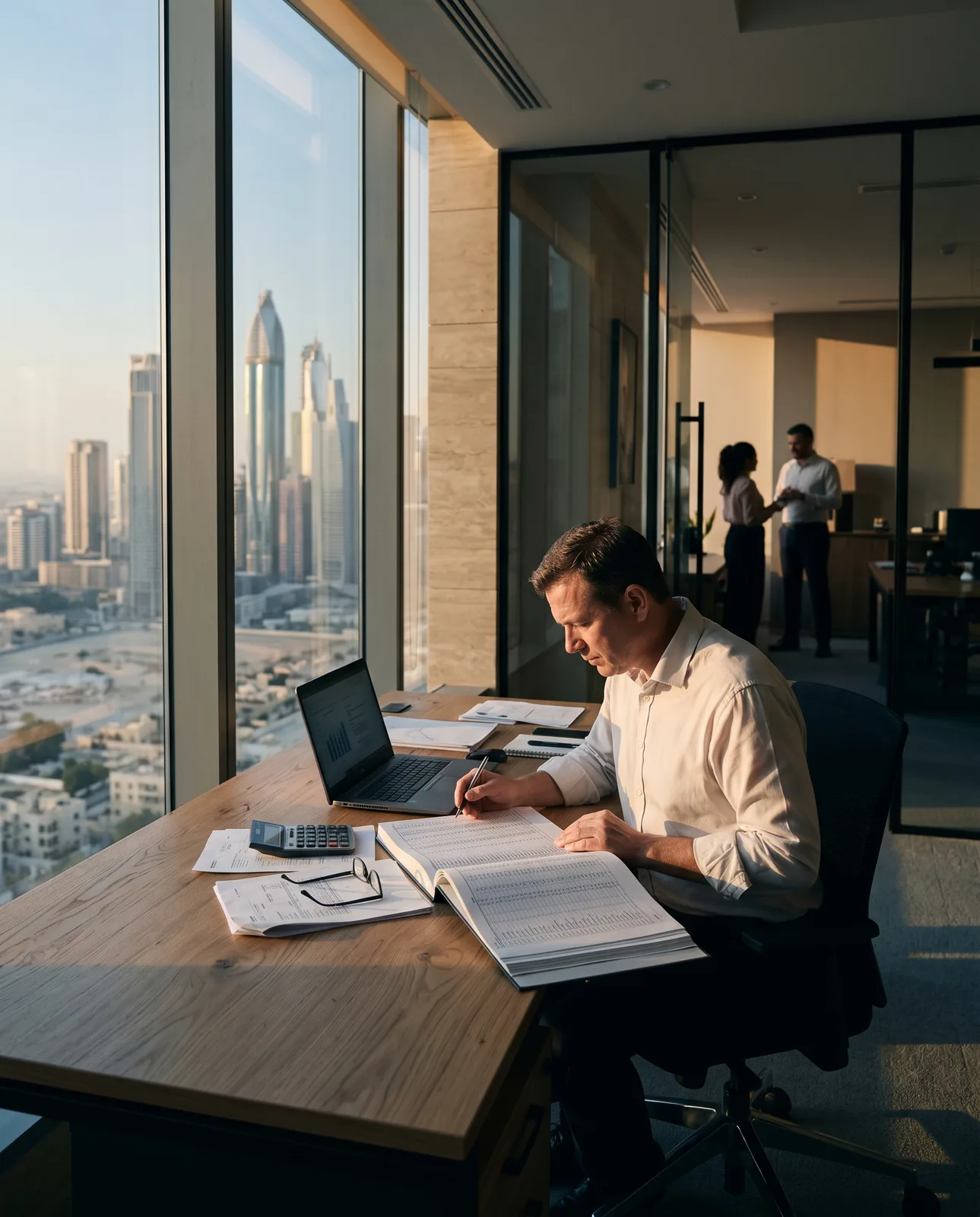 An accountant reviewing a ledger at a desk by a window