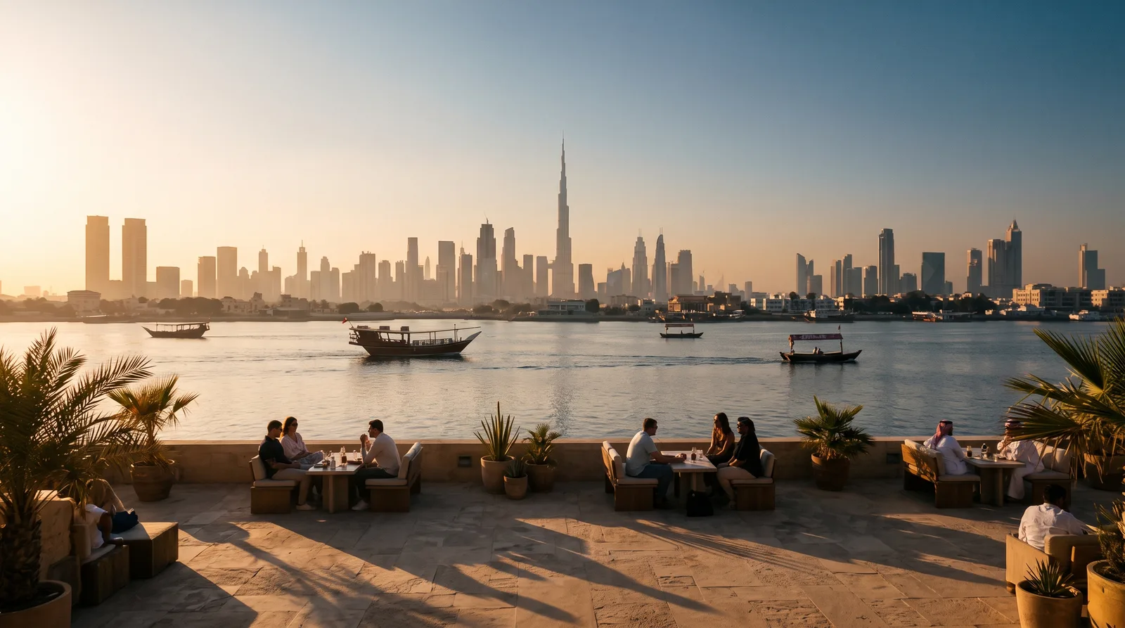 The Dubai skyline across the creek at golden hour