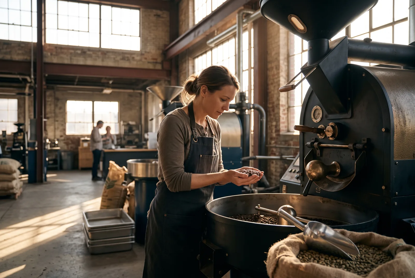 A coffee roaster in a sunlit roastery