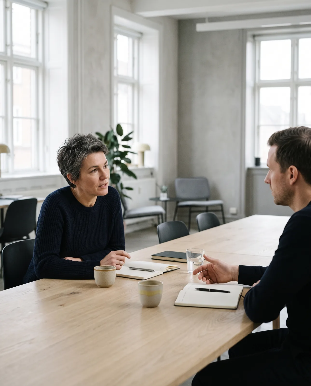 Lena in conversation with a founder across a table