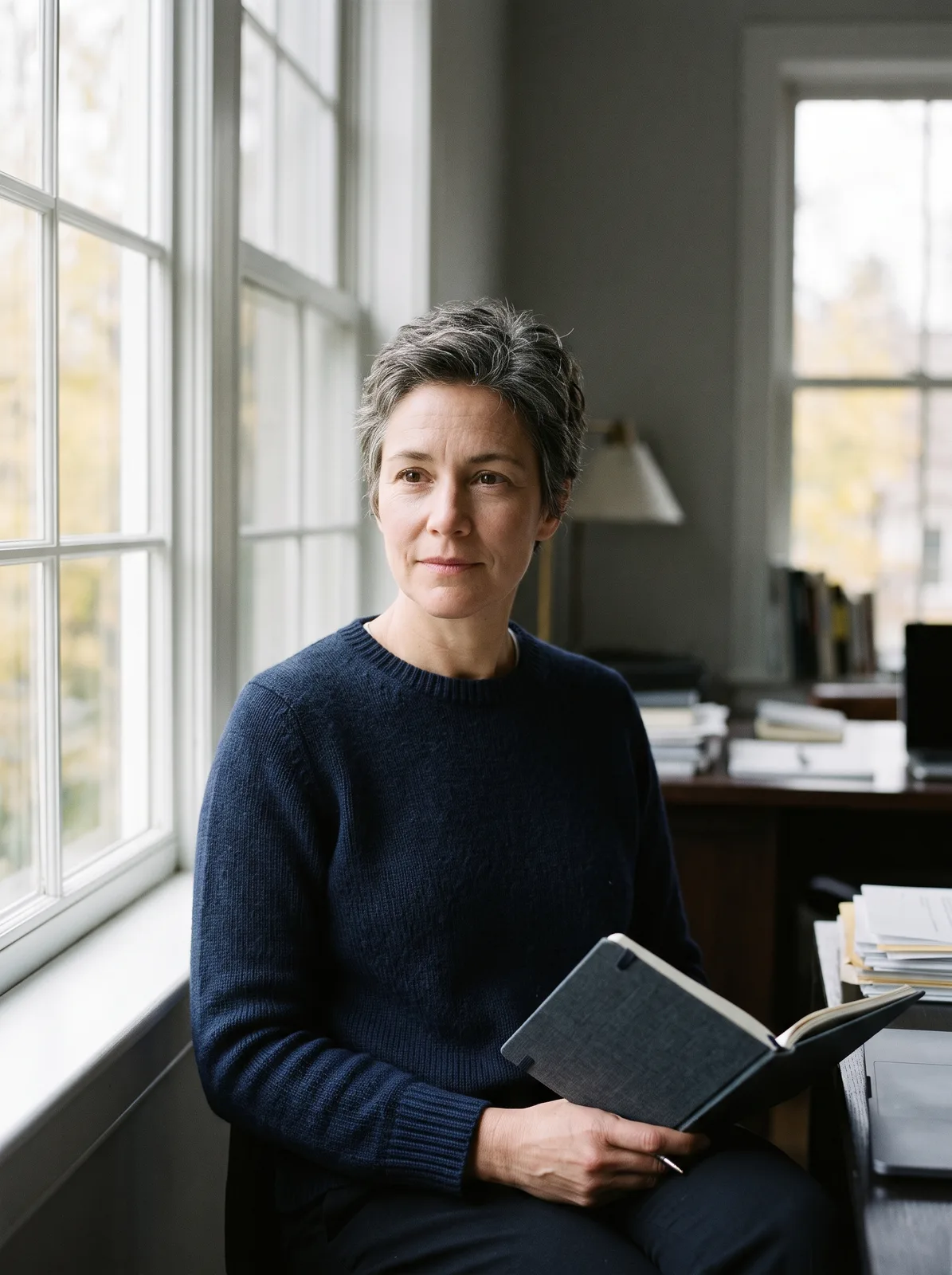 Lena Hart sitting by a window with a notebook
