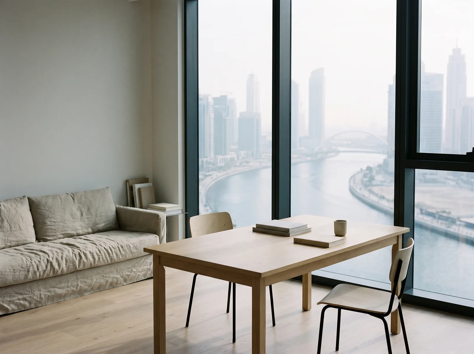 Lena’s studio in Business Bay: an oak table, two chairs and a tall window over the Dubai Water Canal