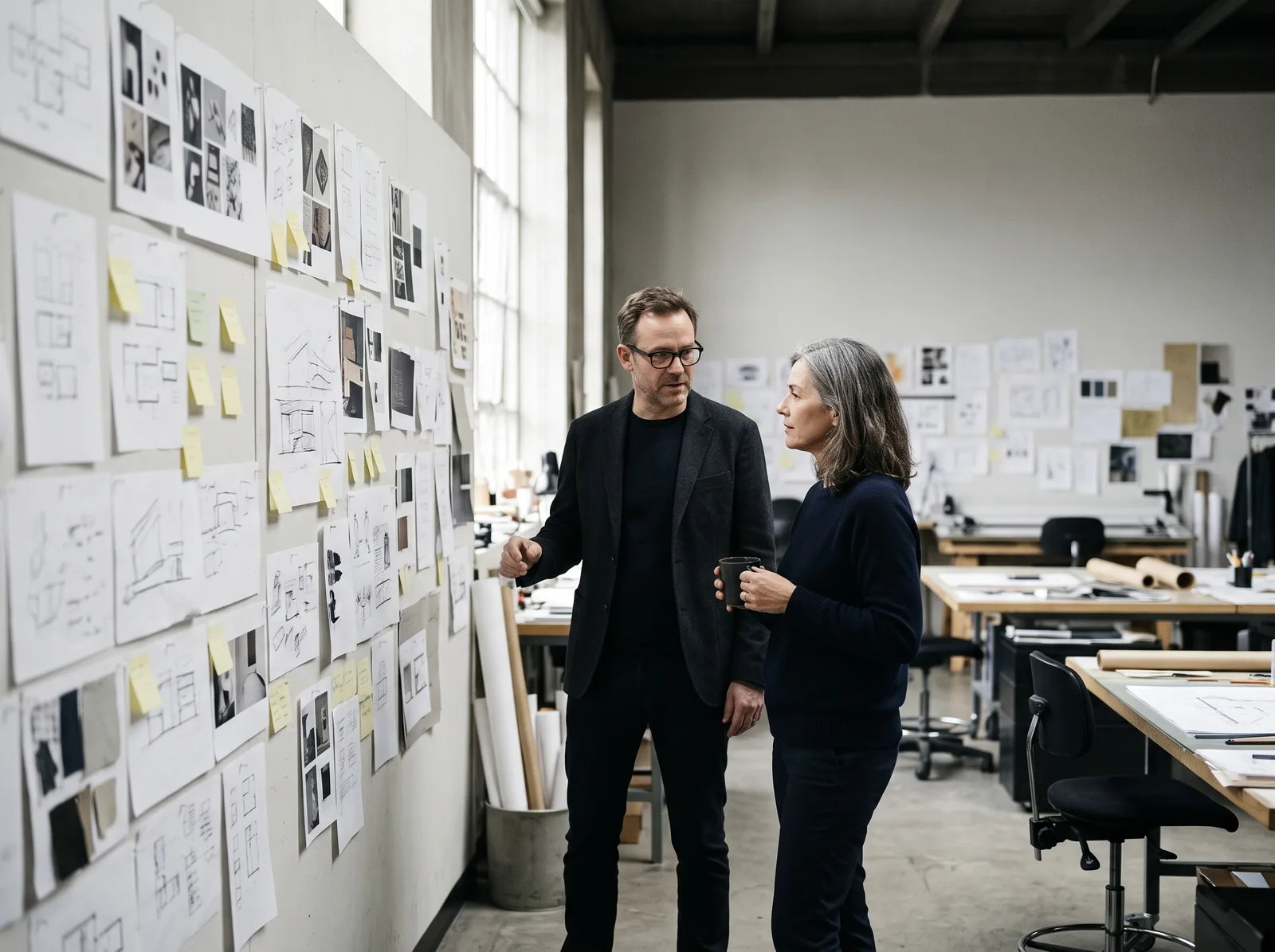 Two Studio Wren designers talking by a wall of sketches