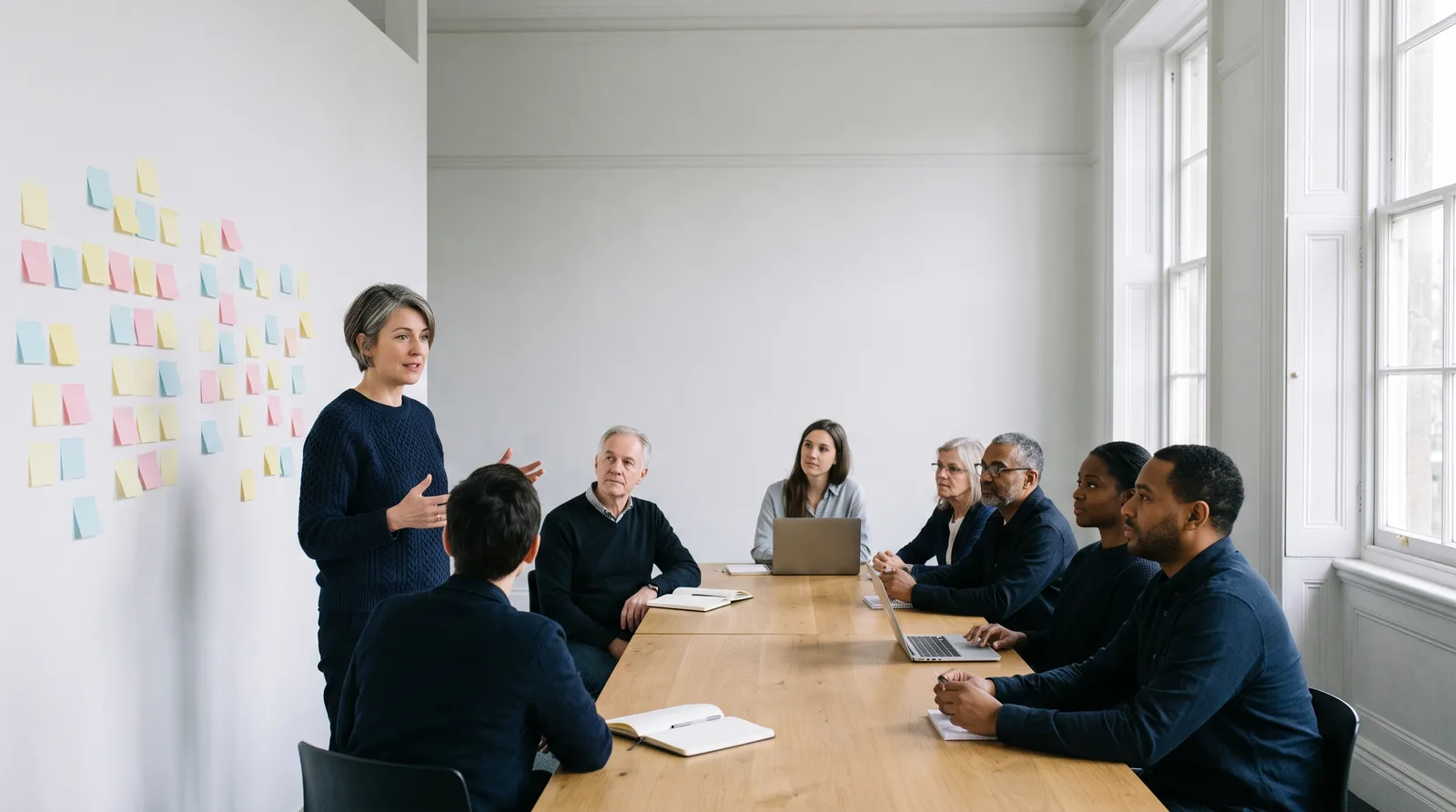 Lena leading a workshop with a leadership team around a long table