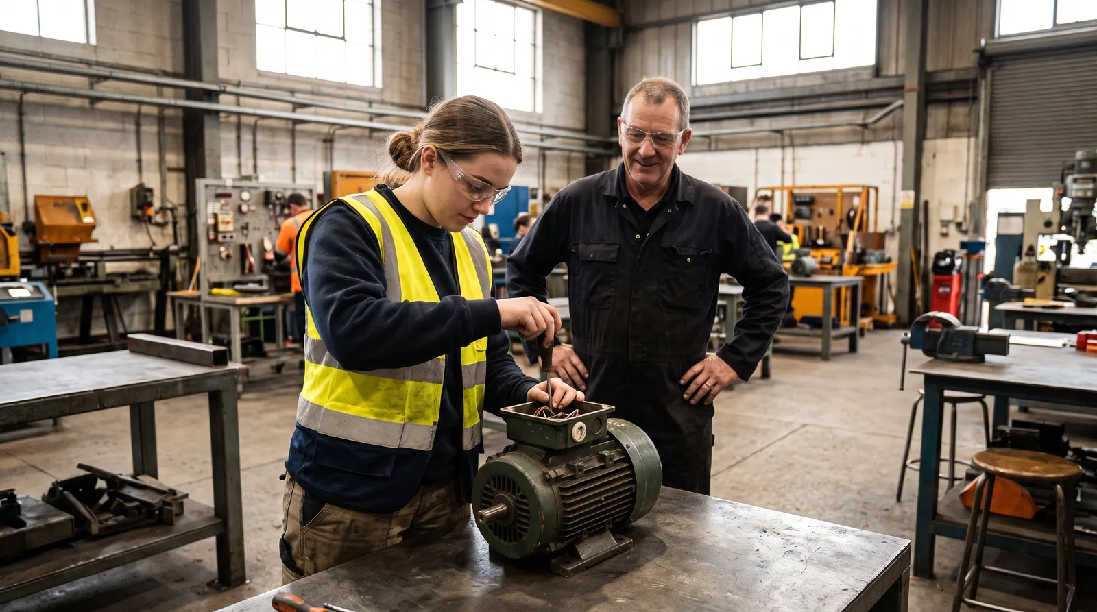 Trainee in safety glasses wiring a motor terminal box with a mentor beside her