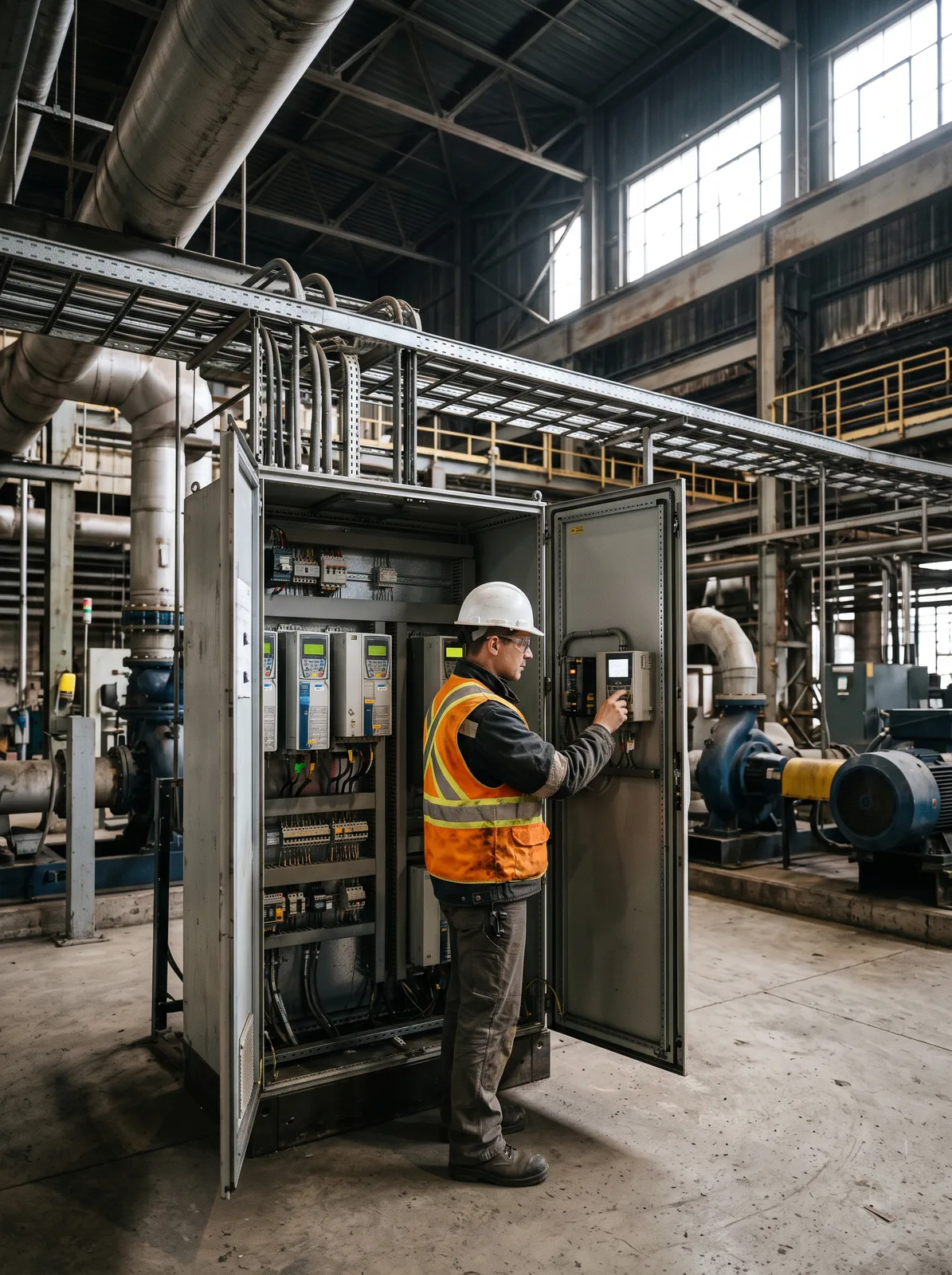 Engineer adjusting a variable speed drive control cabinet