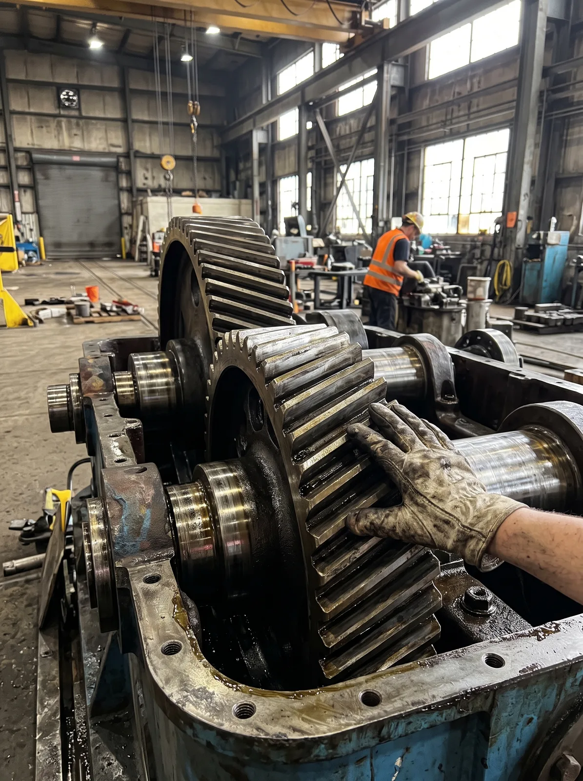 Open gearbox showing large helical gears