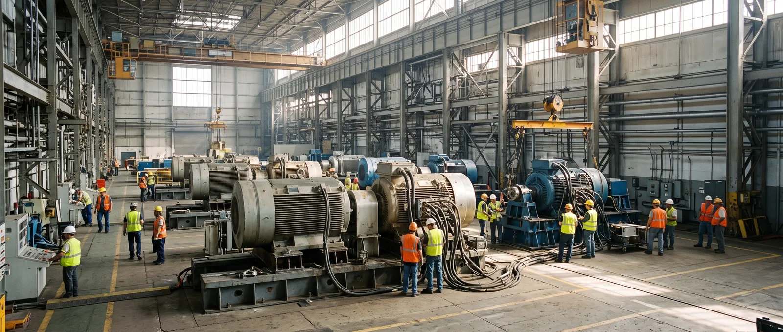 Factory hall with motors on test stands