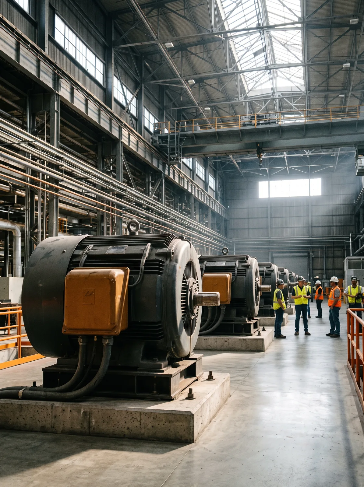 Row of large electric motors on a factory floor