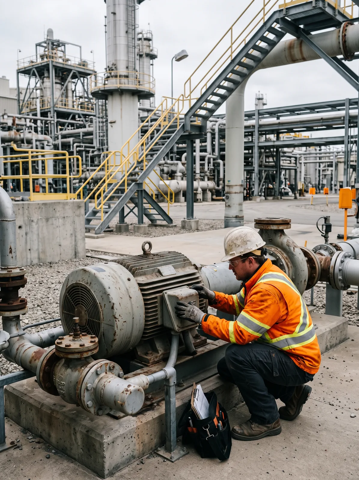 Technician checking a motor on a pump at an outdoor site