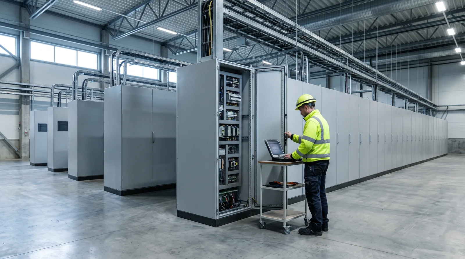 Engineer with a laptop beside a row of tall grey drive cabinets in an electrical room